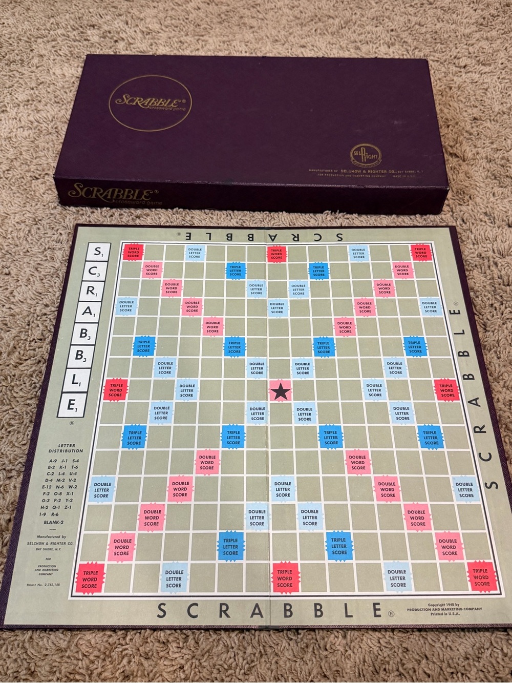 1948-1953 Vintage SCRABBLE Board Game Selchow & Righter 100 Wood Tiles Complete